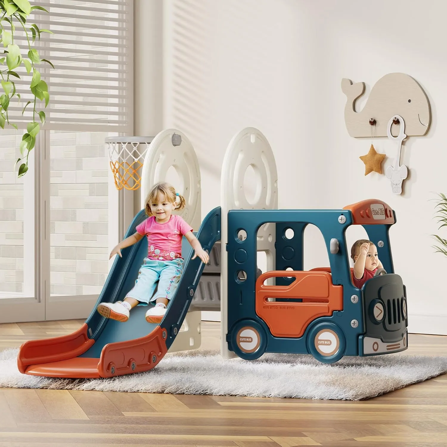 BIERUM 4 in 1 Toddler Slide, Bus Themed Baby Slide for Toddlers Age 1-3, with Basketball Hoop, Indoor Outdoor Playset Playground Blue Red
