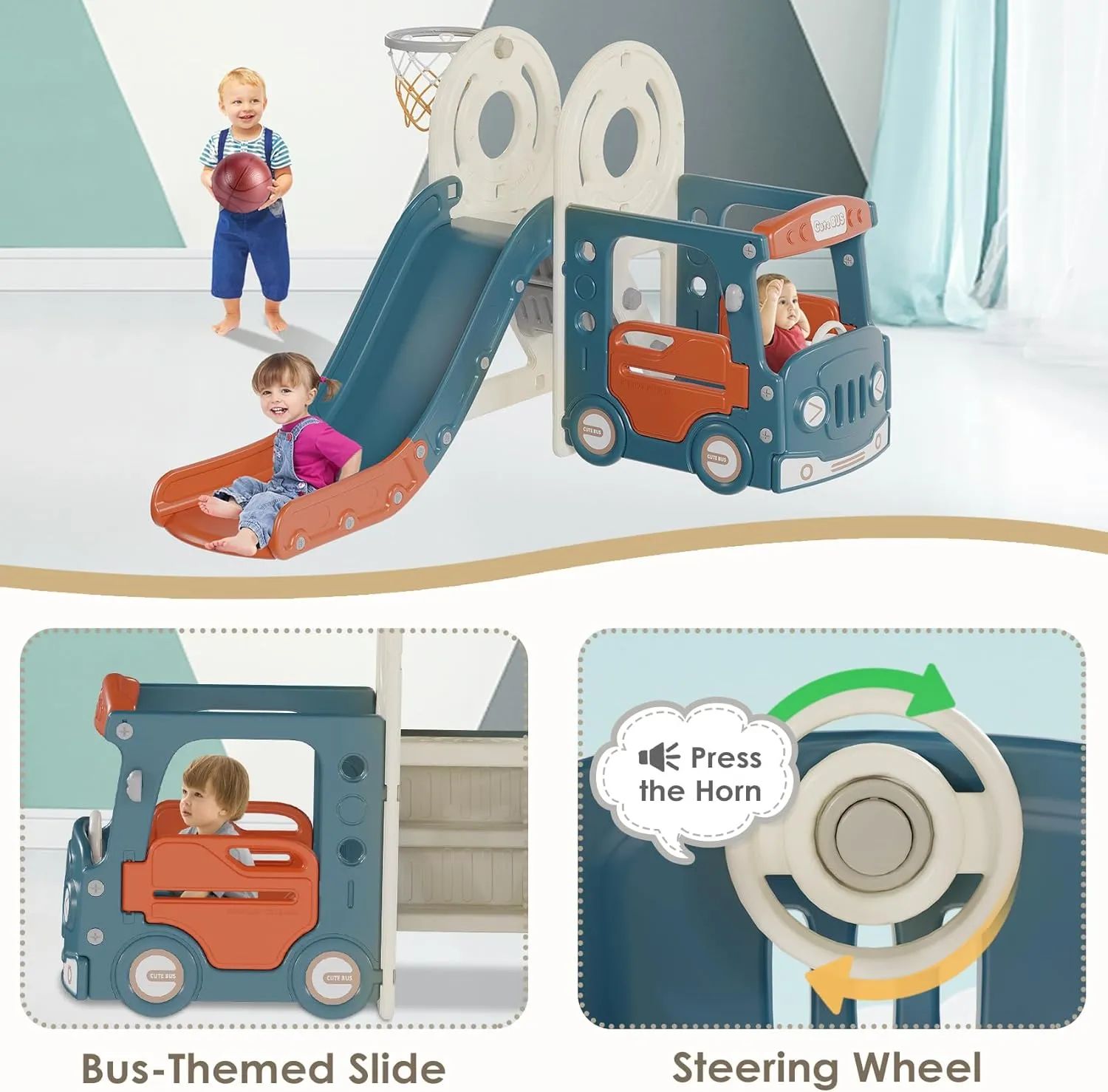 BIERUM 4 in 1 Toddler Slide, Bus Themed Baby Slide for Toddlers Age 1-3, with Basketball Hoop, Indoor Outdoor Playset Playground Blue Red