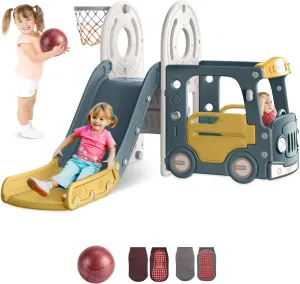 BIERUM 4 in 1 Toddler Slide, Bus Themed Baby Slide for Toddlers Age 1-3, with Basketball Hoop, Indoor Outdoor Playset Playground Blue Yellow
