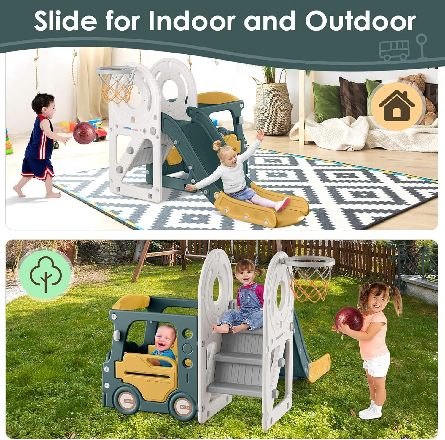 BIERUM 4 in 1 Toddler Slide, Bus Themed Baby Slide for Toddlers Age 1-3, with Basketball Hoop, Indoor Outdoor Playset Playground Blue Yellow