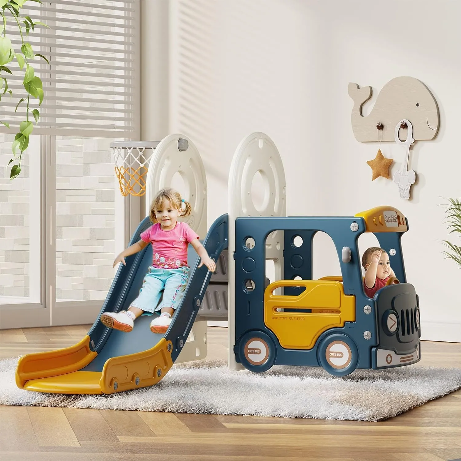 BIERUM 4 in 1 Toddler Slide, Bus Themed Baby Slide for Toddlers Age 1-3, with Basketball Hoop, Indoor Outdoor Playset Playground Blue Yellow