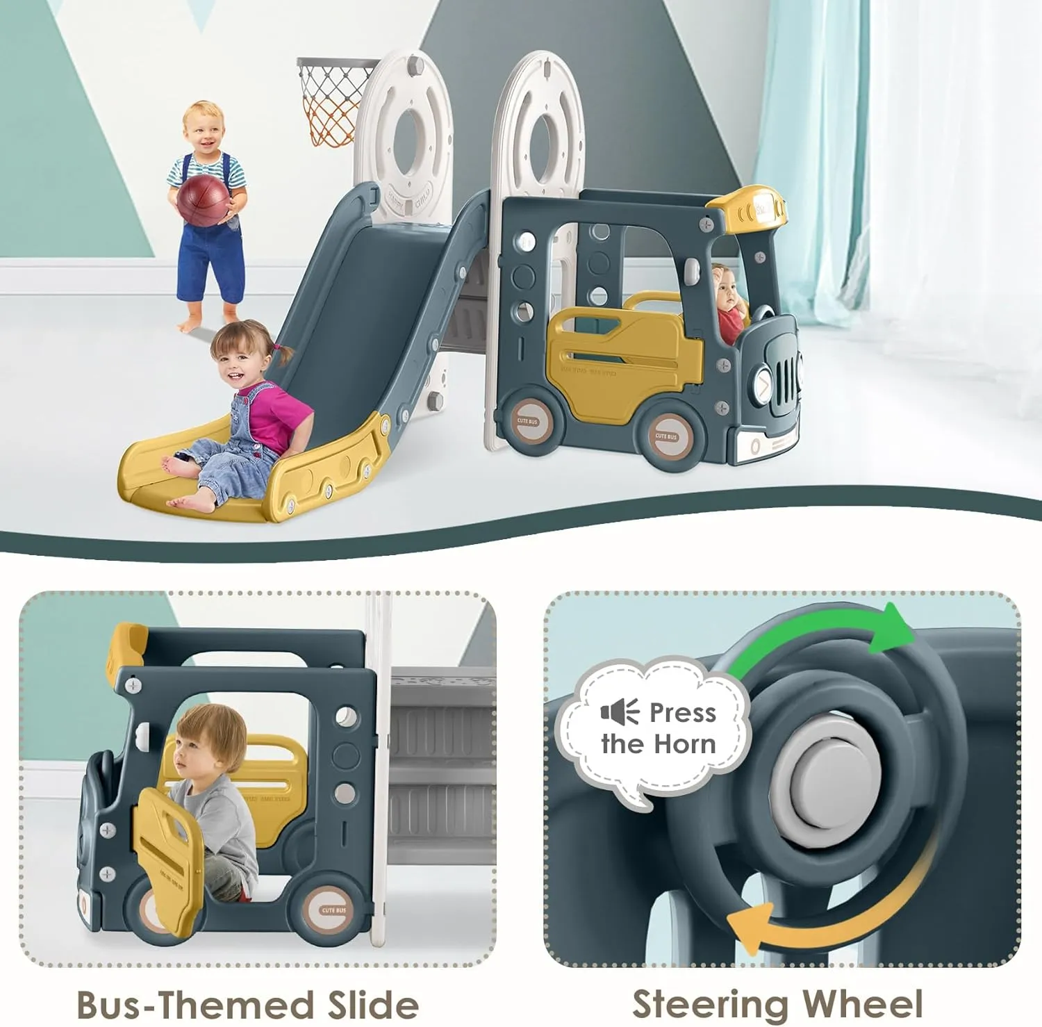 BIERUM 4 in 1 Toddler Slide, Bus Themed Baby Slide for Toddlers Age 1-3, with Basketball Hoop, Indoor Outdoor Playset Playground Blue Yellow