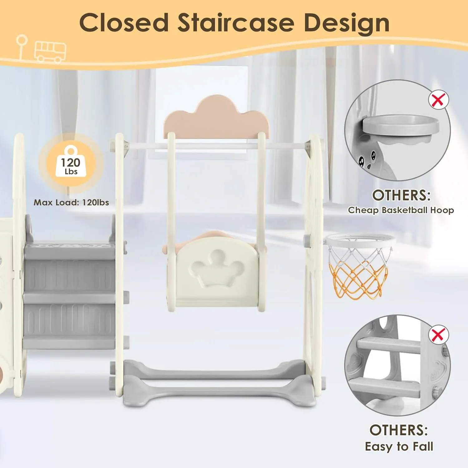 BIERUM Toddler Slide for Toddlers Age 1-3 with Basketball Hoop and Swing, Baby Slide for Kids Ideal Gift, Indoor Outdoor Backyard Playground Beige Coffee