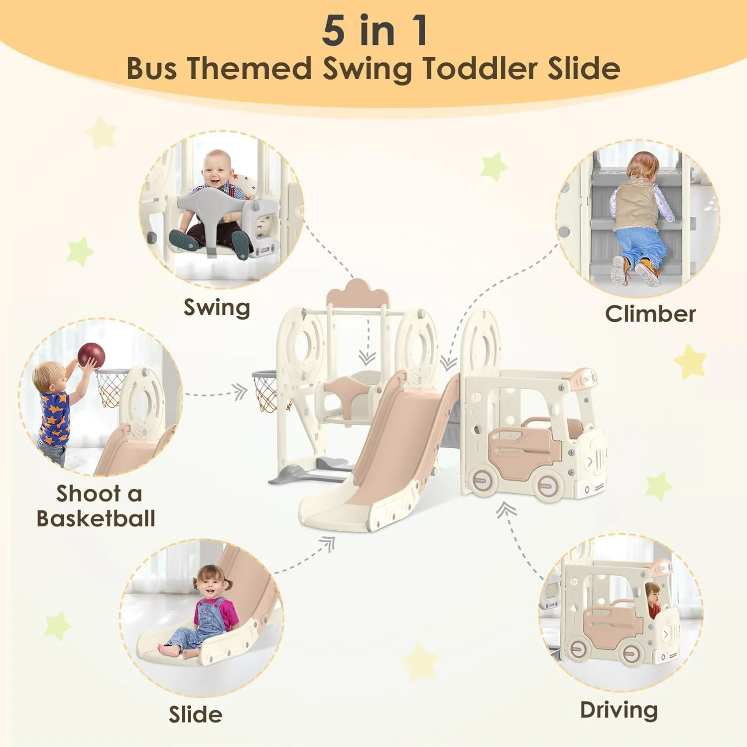 BIERUM Toddler Slide for Toddlers Age 1-3 with Basketball Hoop and Swing, Baby Slide for Kids Ideal Gift, Indoor Outdoor Backyard Playground Beige Coffee