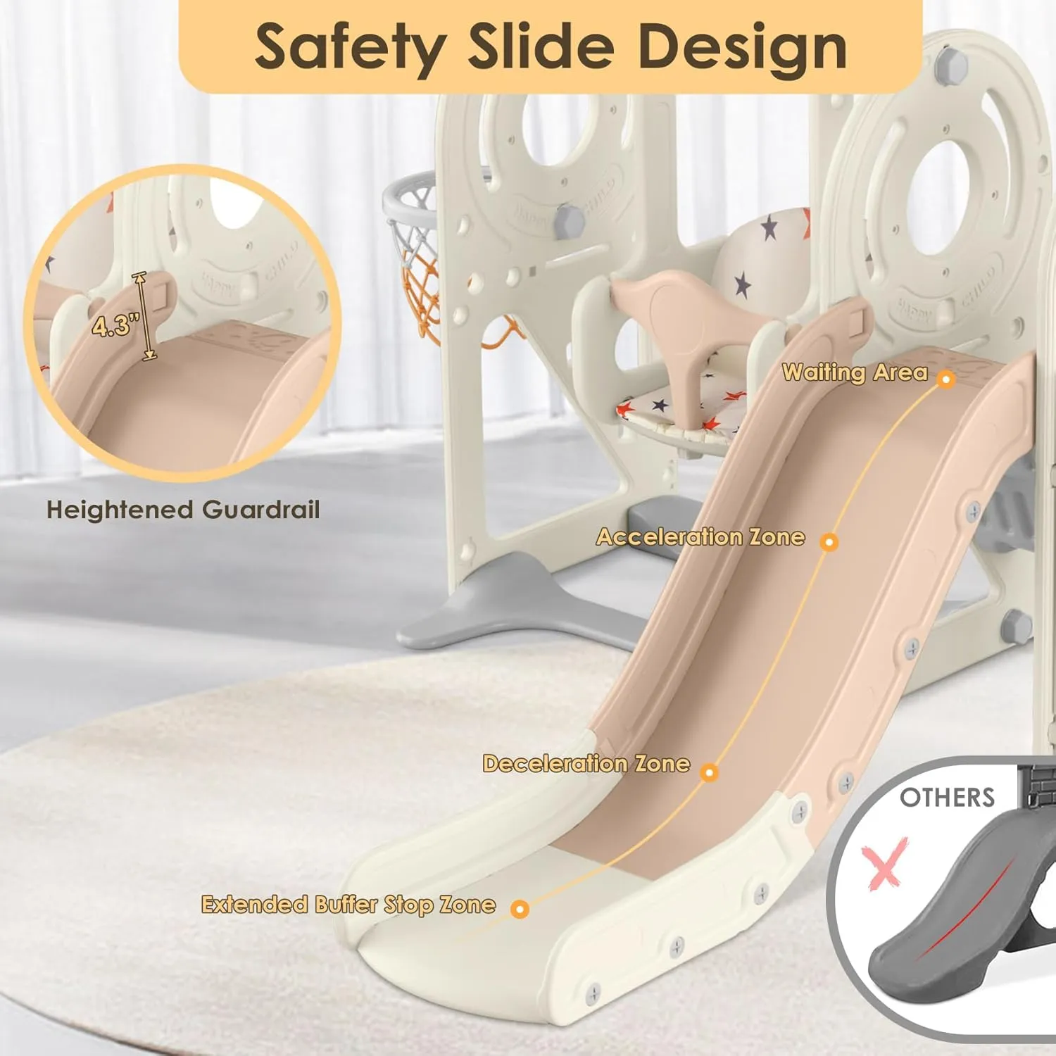 BIERUM Toddler Slide for Toddlers Age 1-3 with Basketball Hoop and Swing, Baby Slide for Kids Ideal Gift, Indoor Outdoor Backyard Playground Beige Coffee