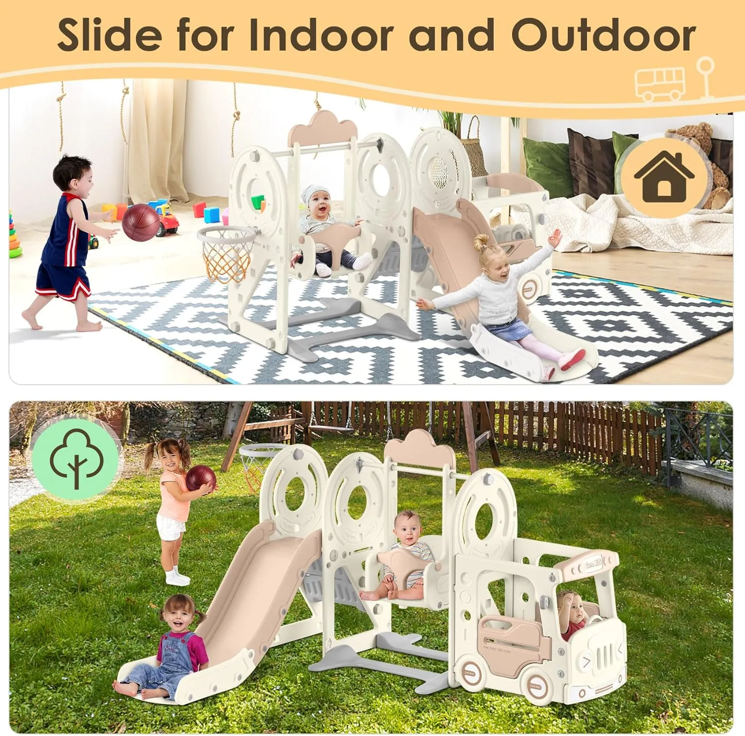 BIERUM Toddler Slide for Toddlers Age 1-3 with Basketball Hoop and Swing, Baby Slide for Kids Ideal Gift, Indoor Outdoor Backyard Playground Beige Coffee