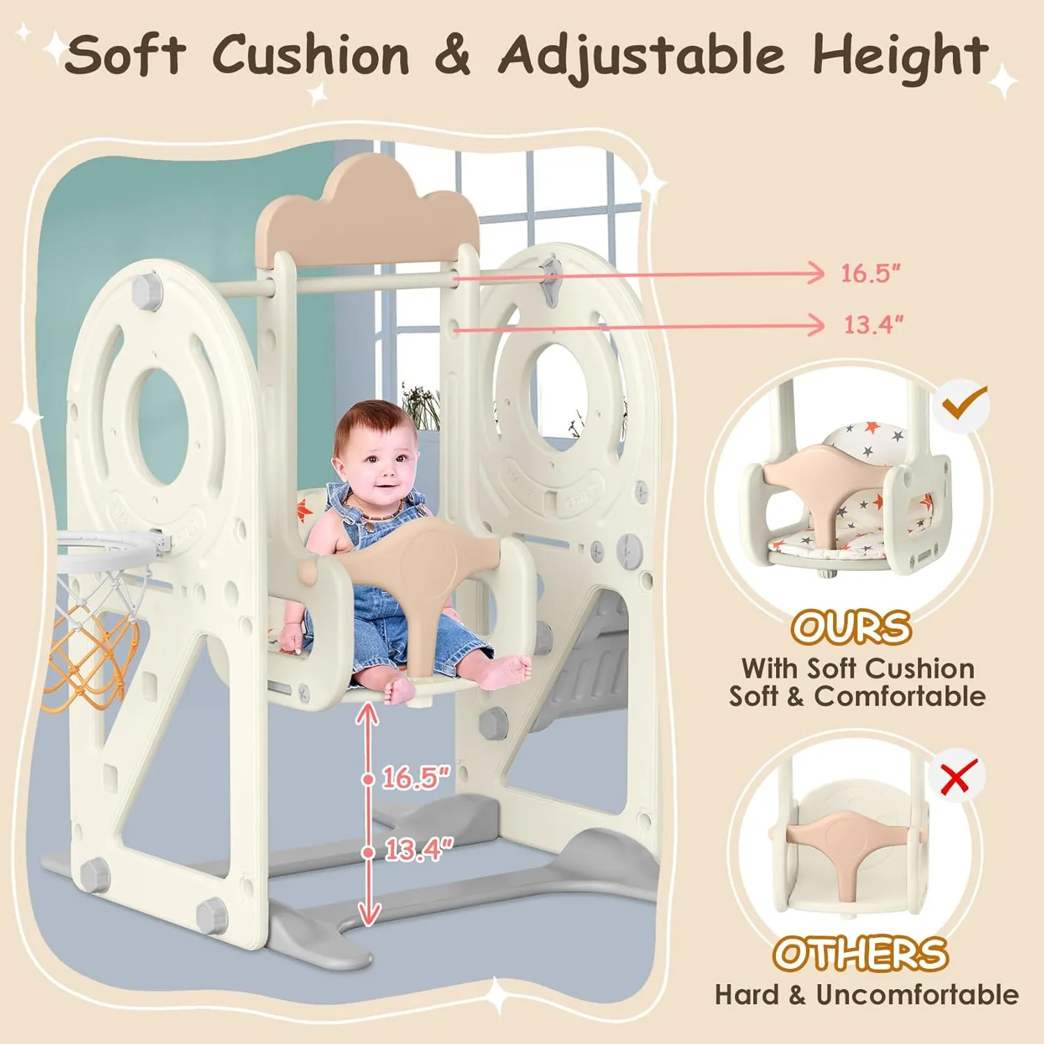 BIERUM Toddler Slide for Toddlers Age 1-3 with Basketball Hoop and Swing, Baby Slide for Kids Ideal Gift, Indoor Outdoor Backyard Playground Beige Coffee