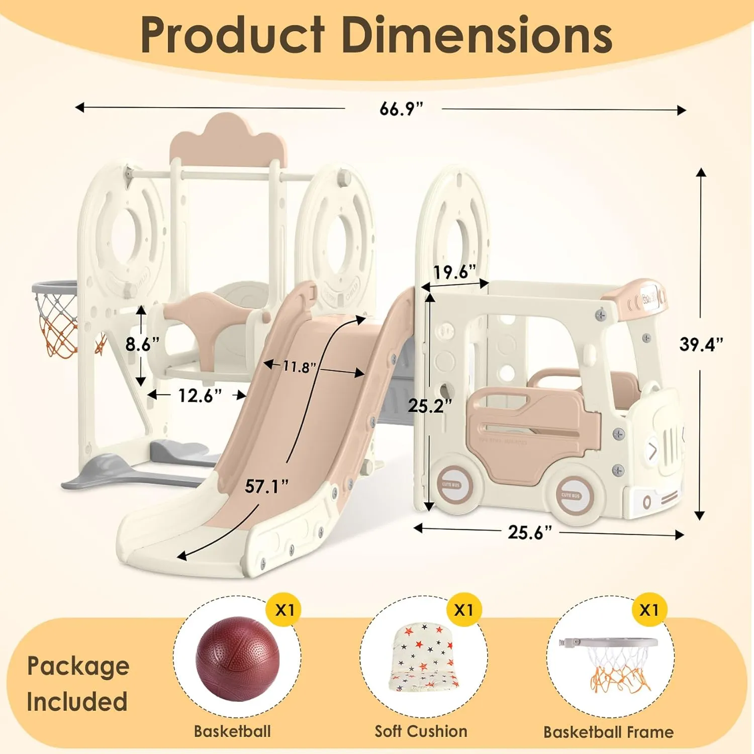 BIERUM Toddler Slide for Toddlers Age 1-3 with Basketball Hoop and Swing, Baby Slide for Kids Ideal Gift, Indoor Outdoor Backyard Playground Beige Coffee