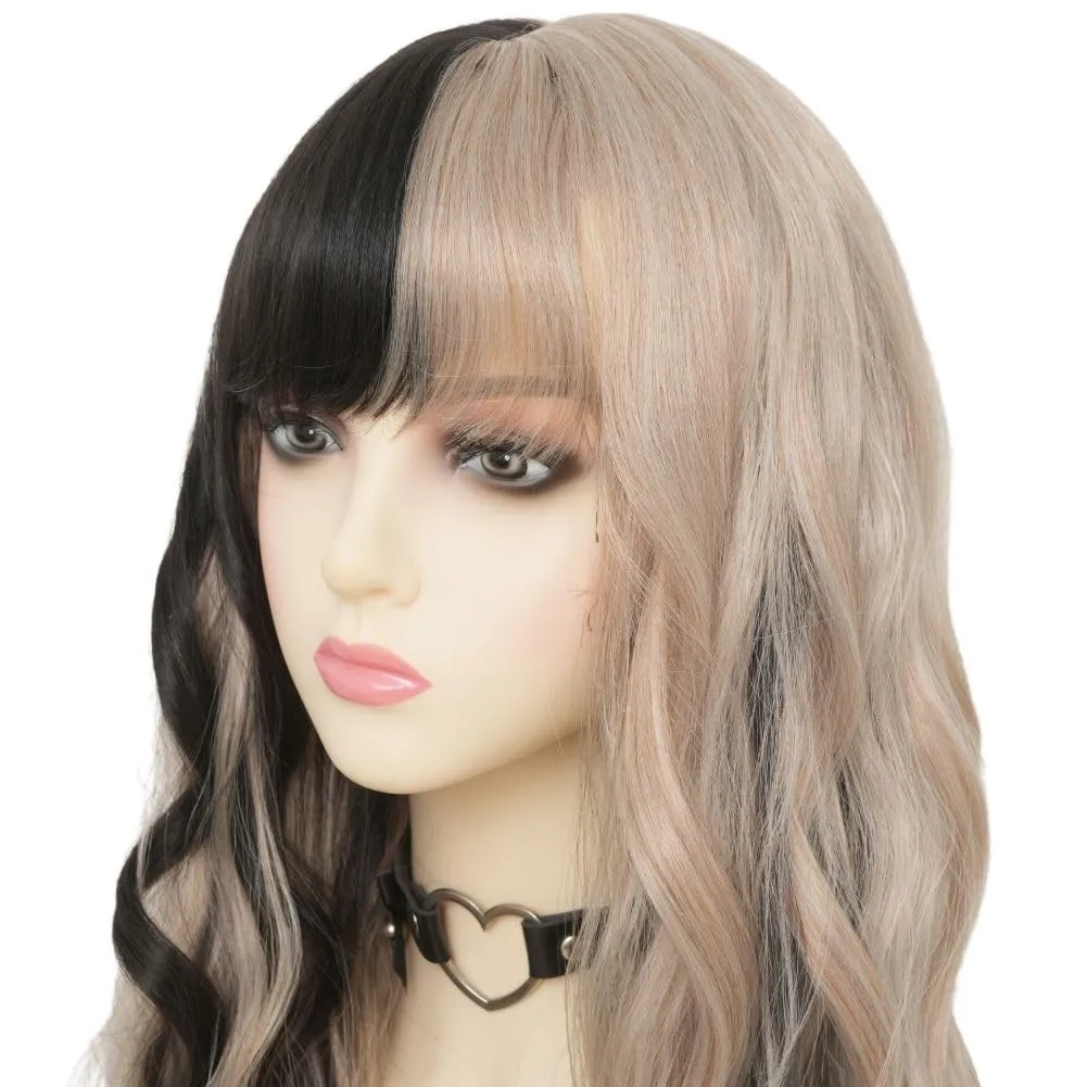 Black Blonde Long Curly Wavy Wig for Women with Bangs Black Mix Blonde Highlight Natural Heat Resistant Wigs Daily Party Hair Wig