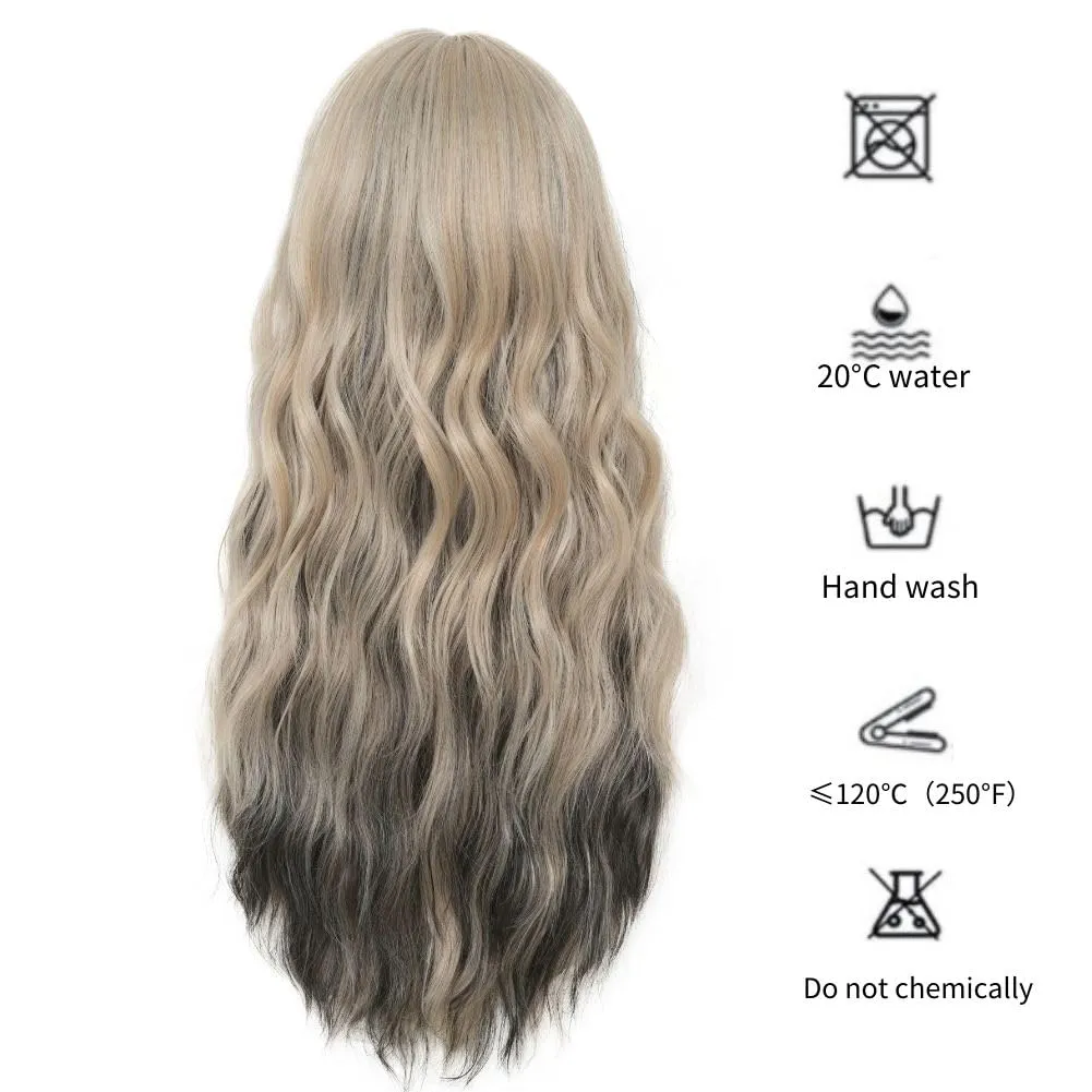 Black Blonde Long Curly Wavy Wig for Women with Bangs Black Mix Blonde Highlight Natural Heat Resistant Wigs Daily Party Hair Wig