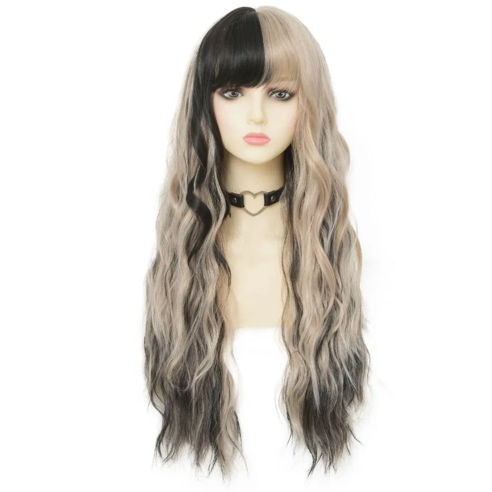 Black Blonde Long Curly Wavy Wig for Women with Bangs Black Mix Blonde Highlight Natural Heat Resistant Wigs Daily Party Hair Wig