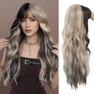 Black Blonde Long Curly Wavy Wig for Women with Bangs Black Mix Blonde Highlight Natural Heat Resistant Wigs Daily Party Hair Wig