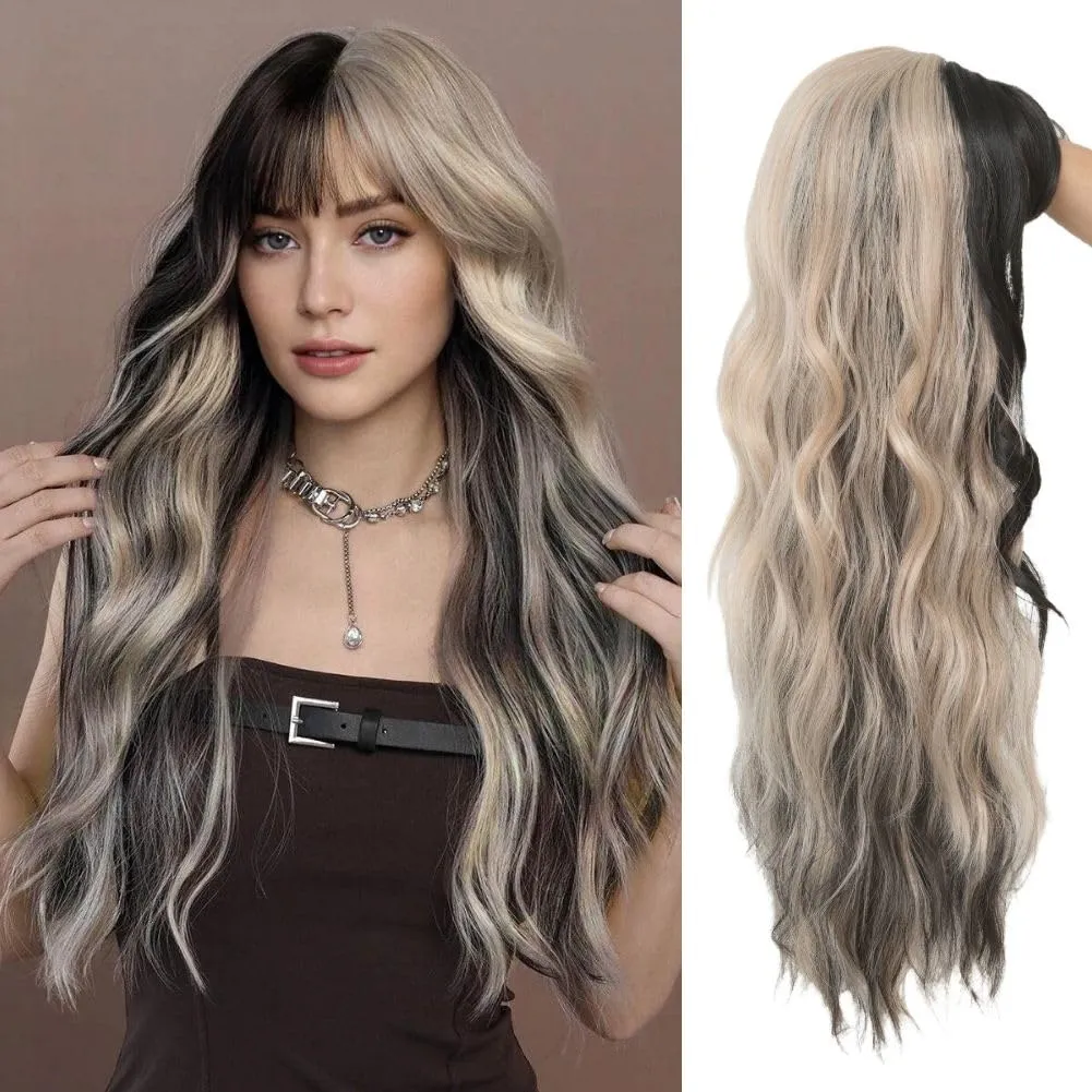 Black Blonde Long Curly Wavy Wig for Women with Bangs Black Mix Blonde Highlight Natural Heat Resistant Wigs Daily Party Hair Wig