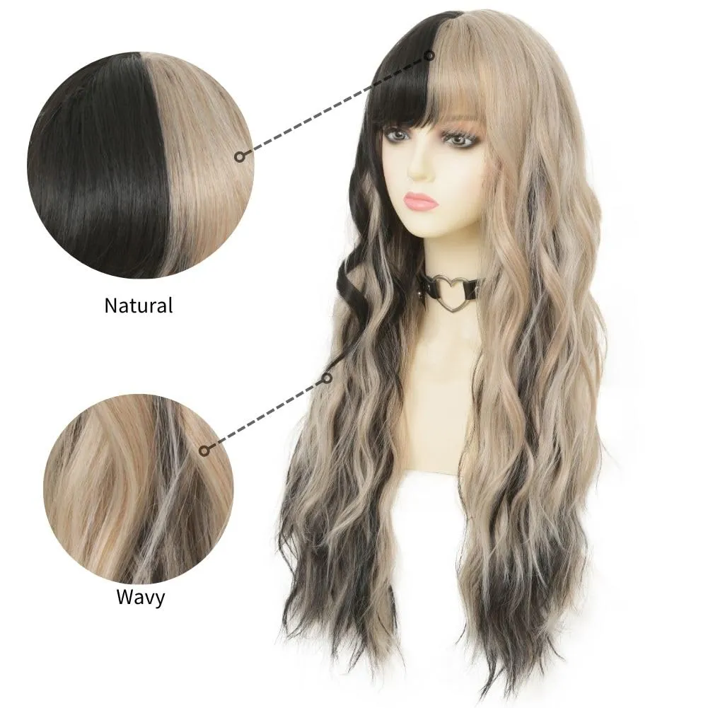 Black Blonde Long Curly Wavy Wig for Women with Bangs Black Mix Blonde Highlight Natural Heat Resistant Wigs Daily Party Hair Wig