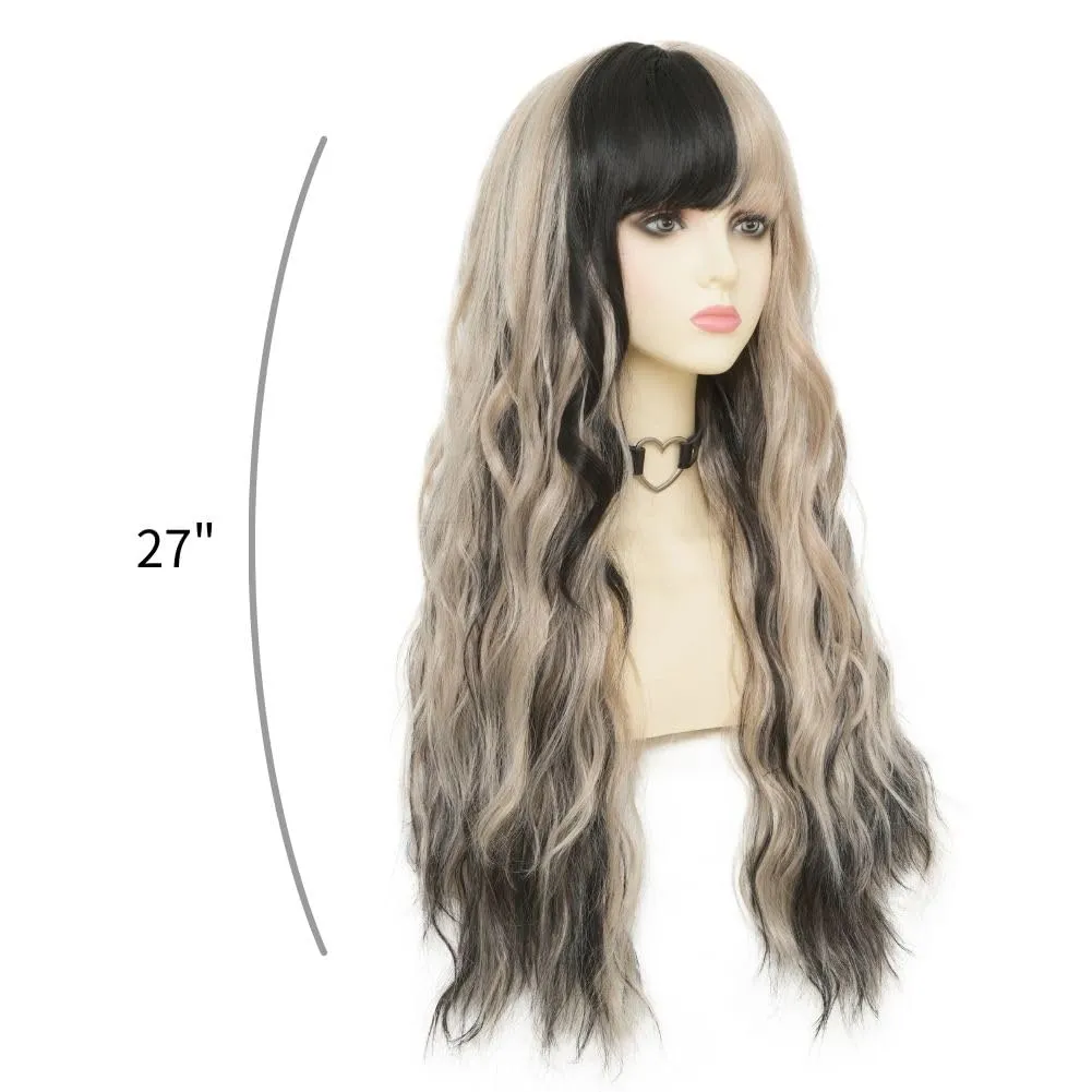 Black Blonde Long Curly Wavy Wig for Women with Bangs Black Mix Blonde Highlight Natural Heat Resistant Wigs Daily Party Hair Wig