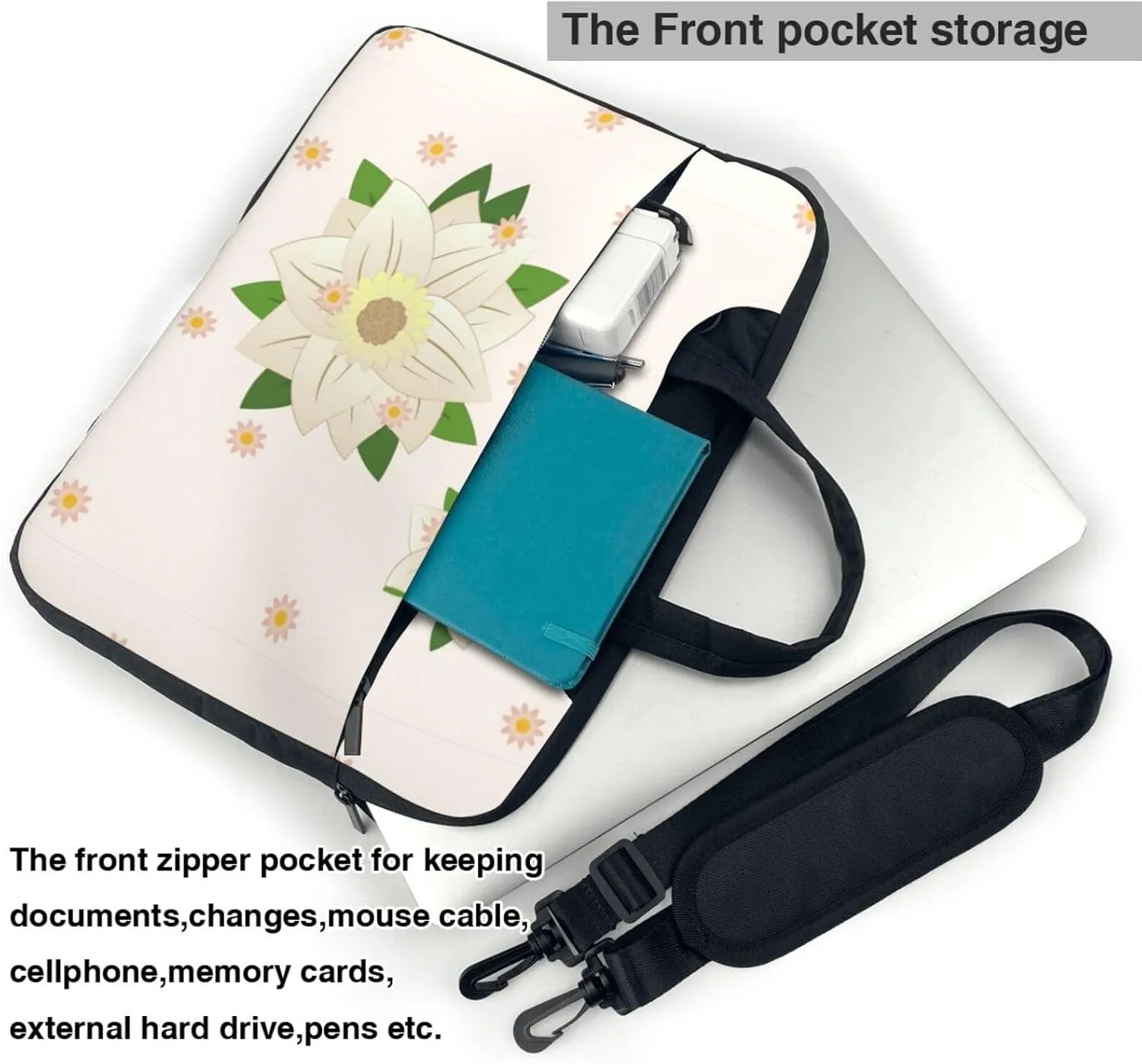 Blooming Hexagonal White Shockproof Portable Shoulder Laptop Bag For Daily Work Business Meetings