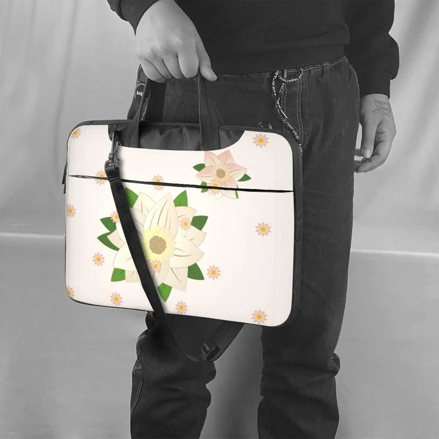 Blooming Hexagonal White Shockproof Portable Shoulder Laptop Bag For Daily Work Business Meetings