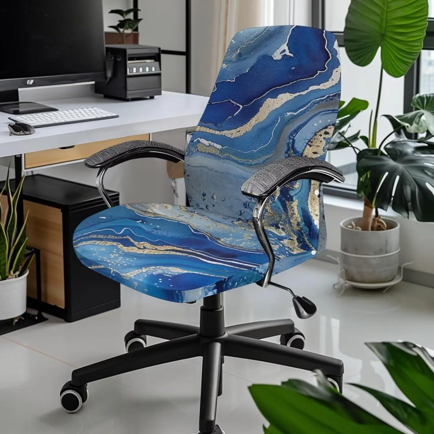 Blue Marble Print Starfish Seat Covers for Chairs Protective Stretch Decorative Fabric Cover Easy to Install Seat Cushion Split Protectors Lightweight Computer Office Chair Cover S