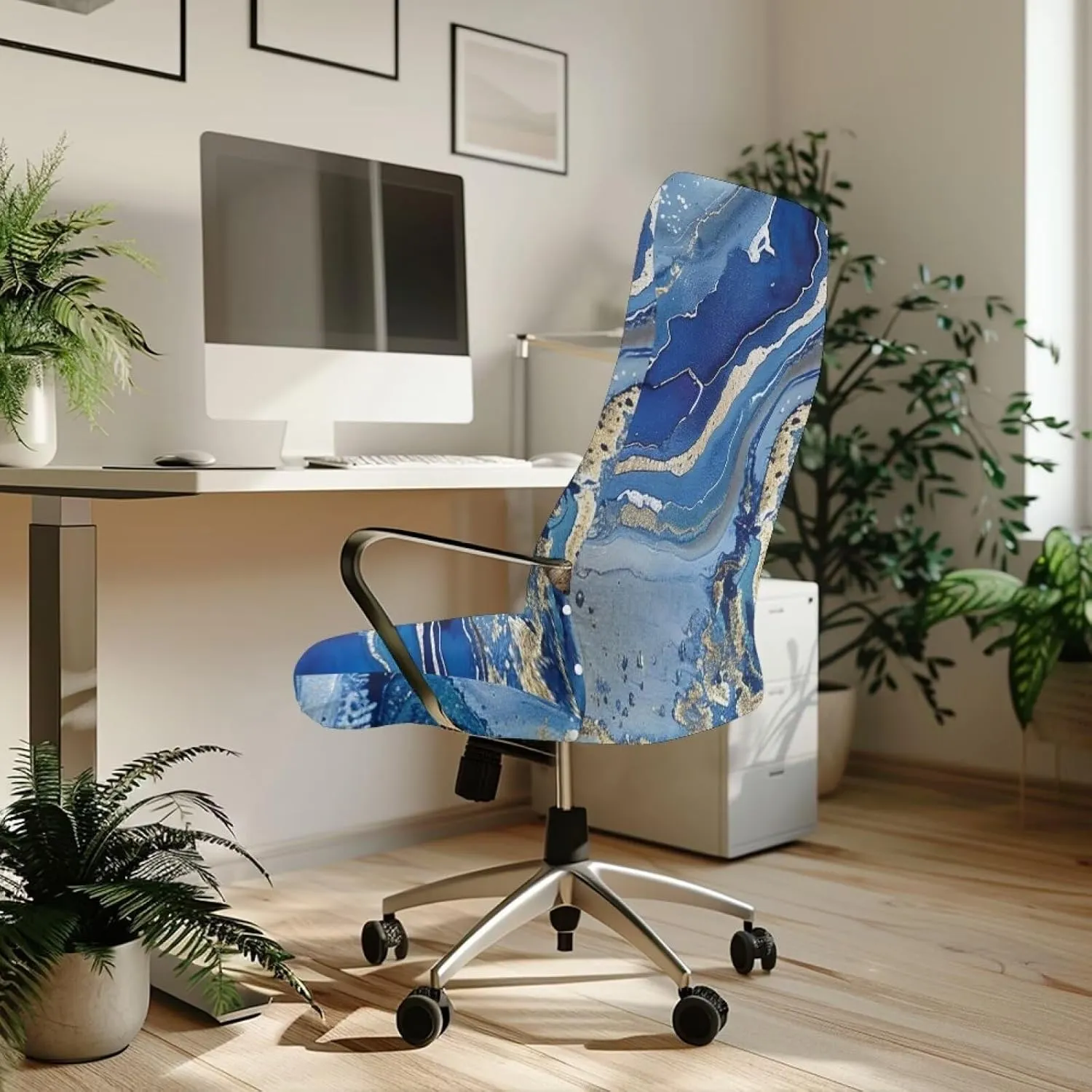 Blue Marble Print Starfish Seat Covers for Chairs Protective Stretch Decorative Fabric Cover Easy to Install Seat Cushion Split Protectors Lightweight Computer Office Chair Cover S