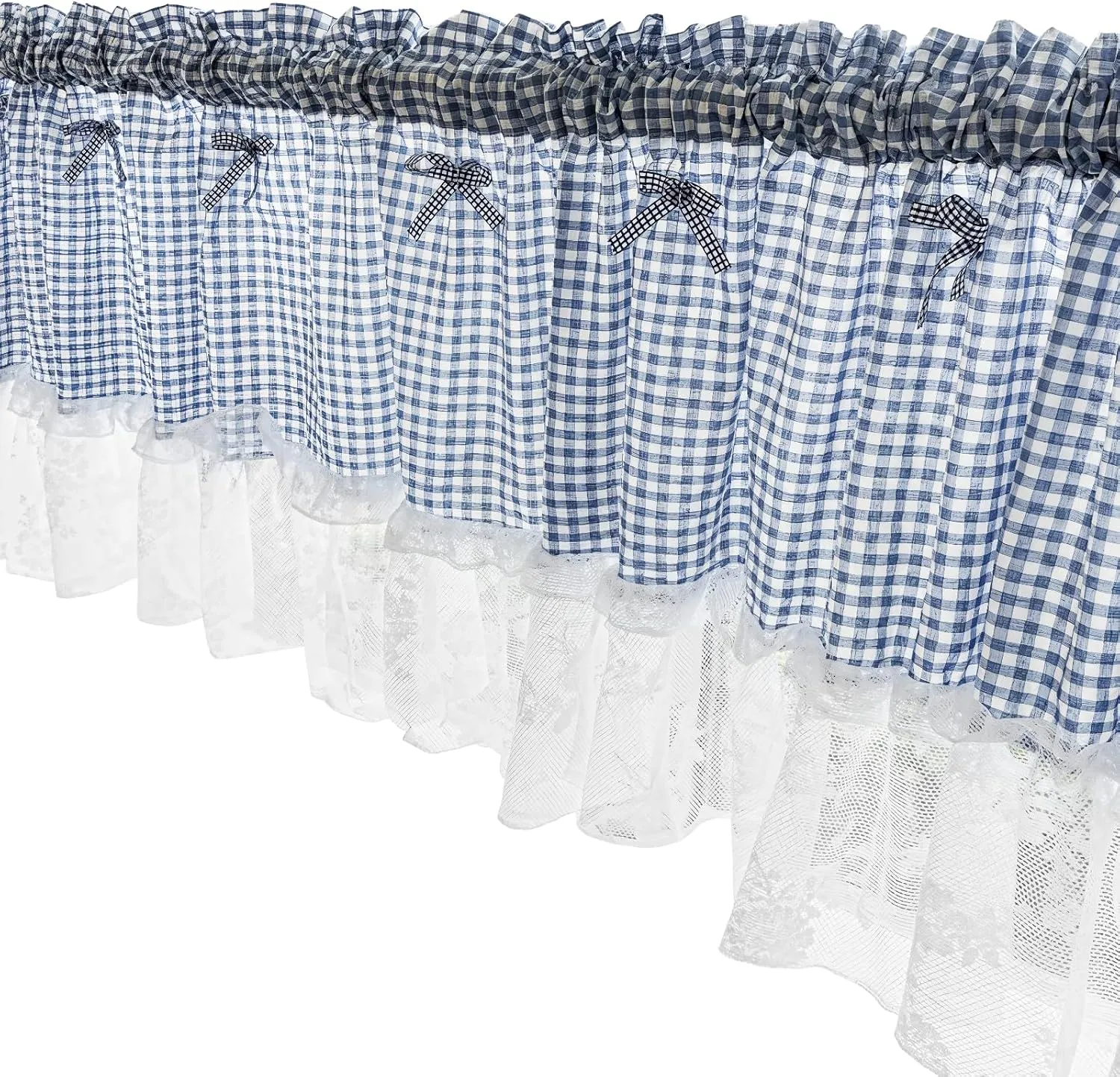Blue Valance with Lace Trim, Gingham Window Curtain with Ruffle & Bow, Short Kitchen Valance for Bathroom, Café, and Outdoor Spaces, 59 X 18 Inches