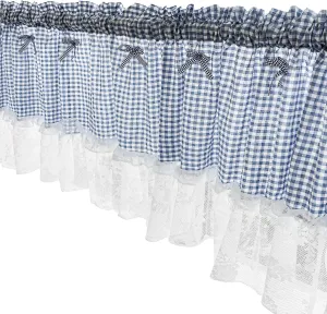 Blue Valance with Lace Trim, Gingham Window Curtain with Ruffle & Bow, Short Kitchen Valance for Bathroom, Café, and Outdoor Spaces, 59 X 18 Inches