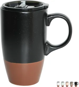 Bosmarlin Ceramic Travel Coffee Mug with Handle and Lid, 18 oz, Portable Coffee Cup for Car Cup Holder, Microwave and Dishwasher Safe (Black)