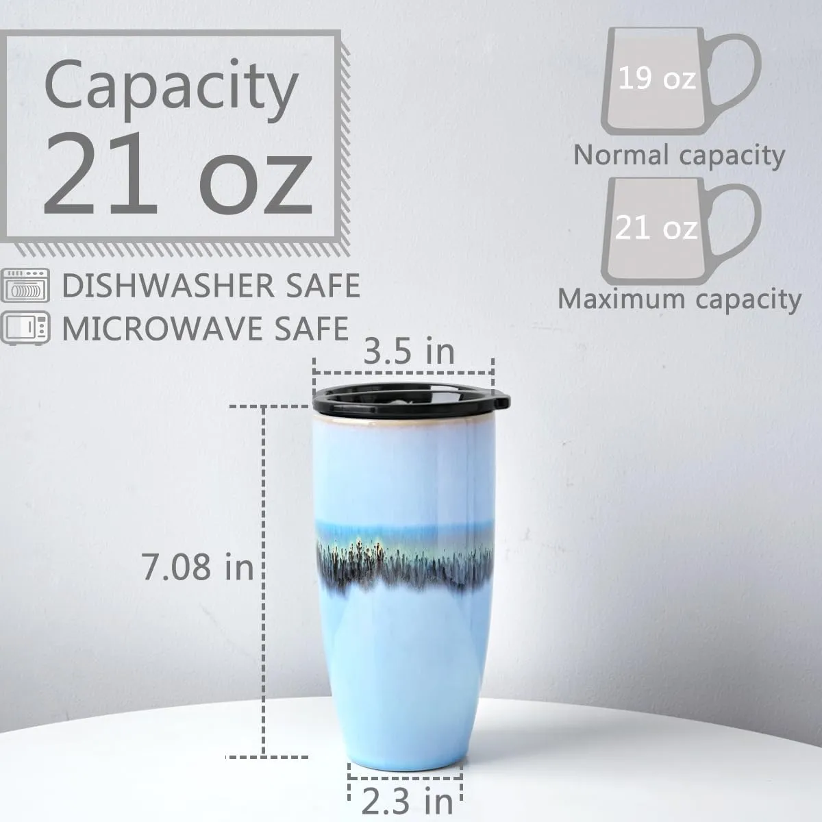 Bosmarlin Ceramic Travel Coffee Mug with Lid, 21 fl oz, Portable Coffee Cup for Car Cup Holder, Microwave and Dishwasher Safe, Reactive Glaze