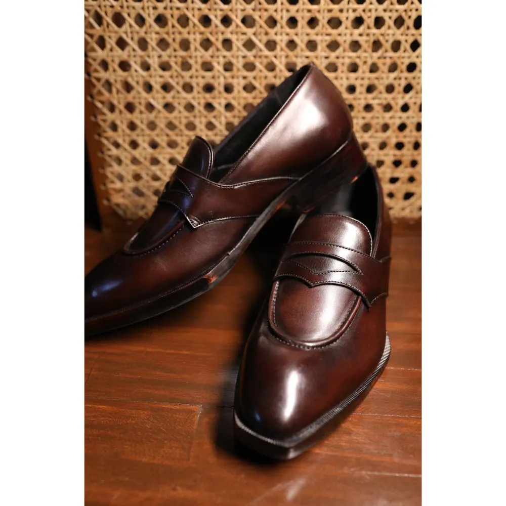 Brown Mirror Glossed Penny Loafer with Spade Sole