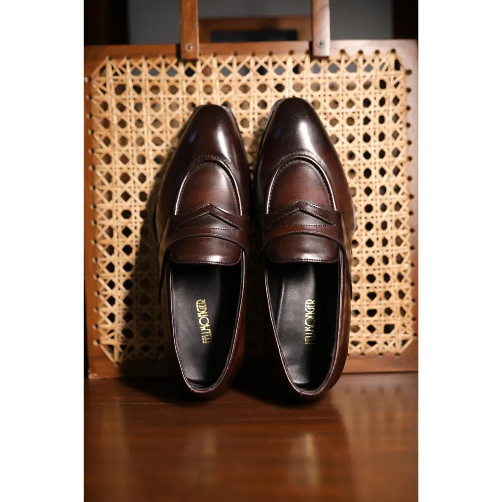 Brown Mirror Glossed Penny Loafer with Spade Sole
