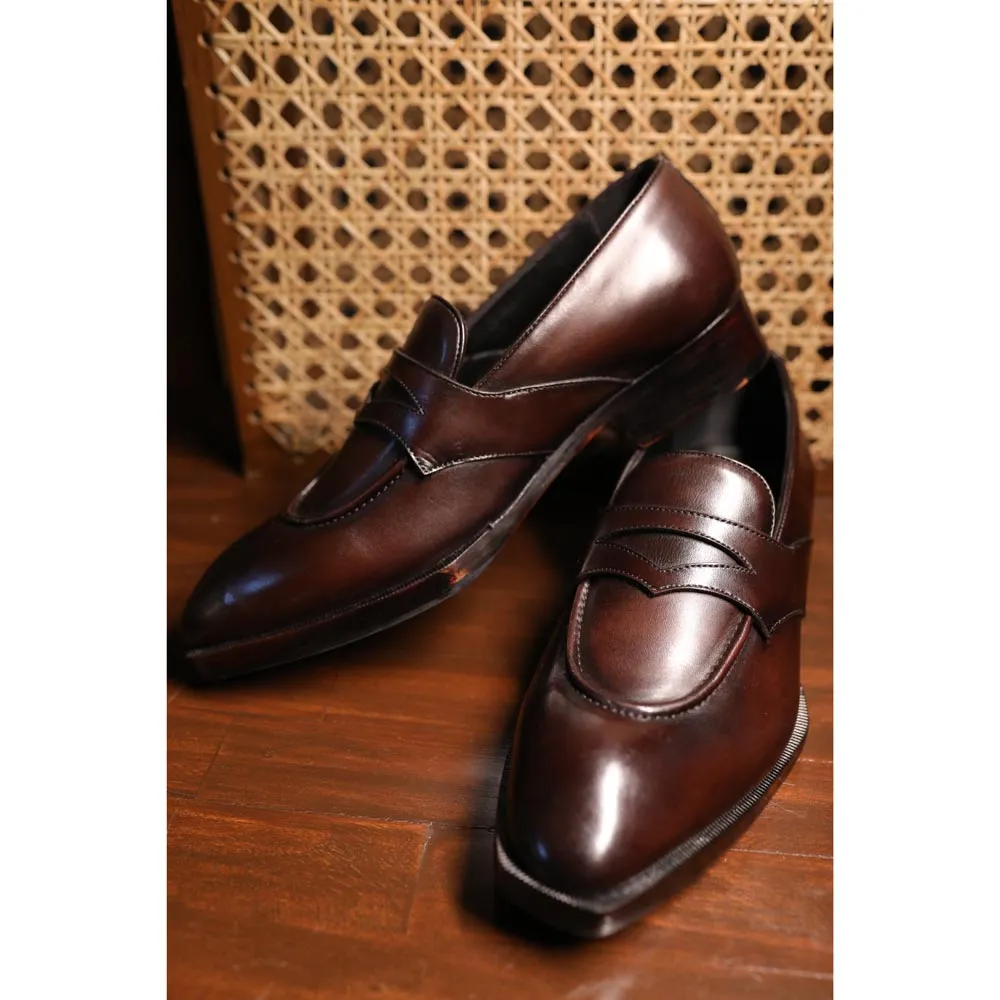 Brown Mirror Glossed Penny Loafer with Spade Sole