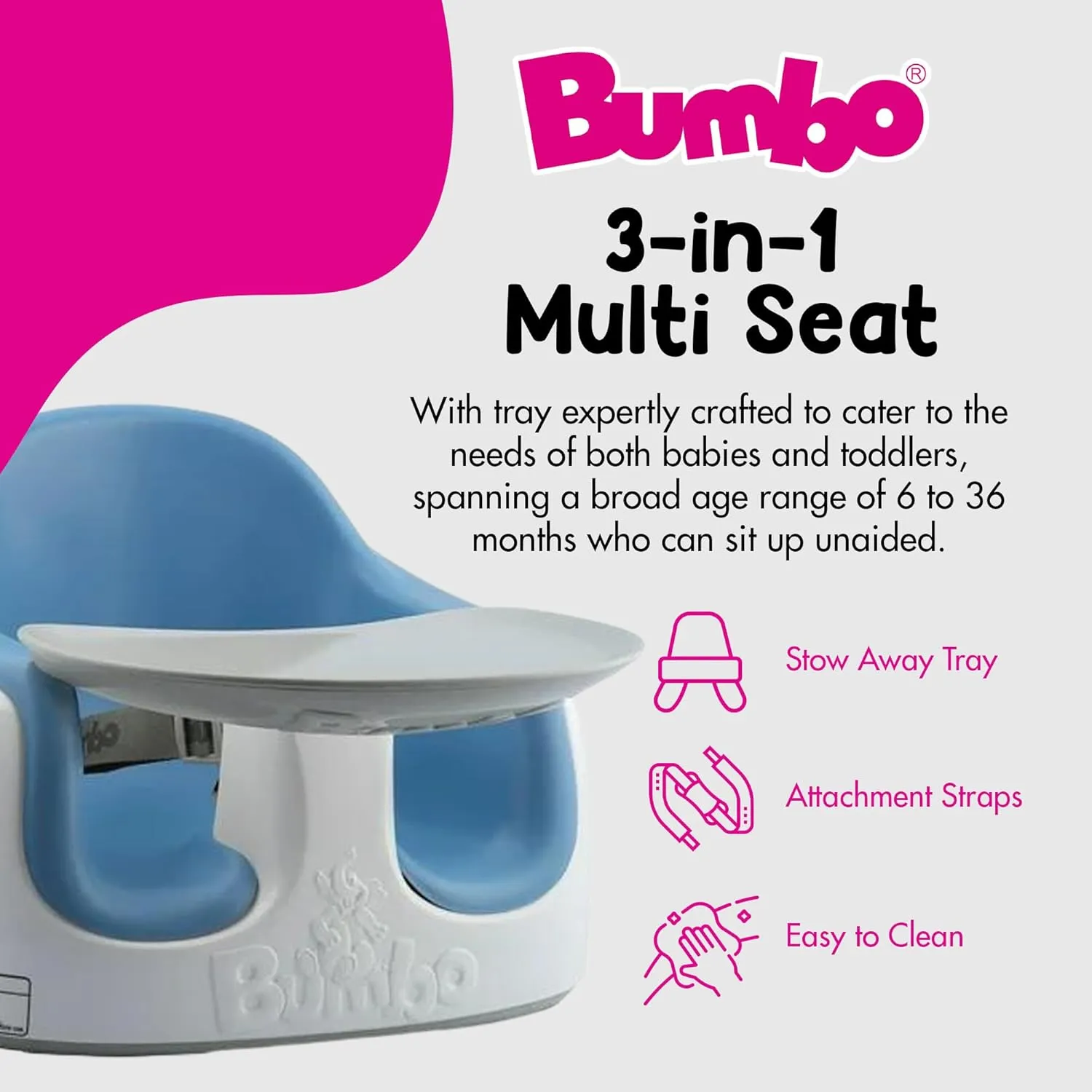 Bumbo 3-in-1 Baby Multi Seat Booster with Feeding Tray, 6-36 Months Old, Powder Blue - High Chair and Floor Seat Accessory for Babies, Infants, and Toddlers