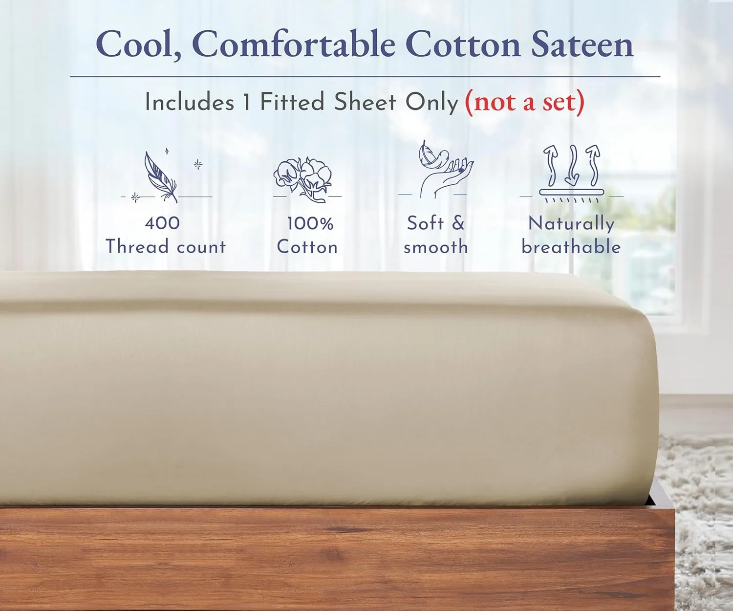 California Design Den Fitted Sheet Queen Deep Pocket Only, 400 Thread Count 100% Cotton, Sateen Weave, No Pop-Off Elastic, Soft, Durable 1 Pc Queen Fitted Sheet Cotton (Beige)