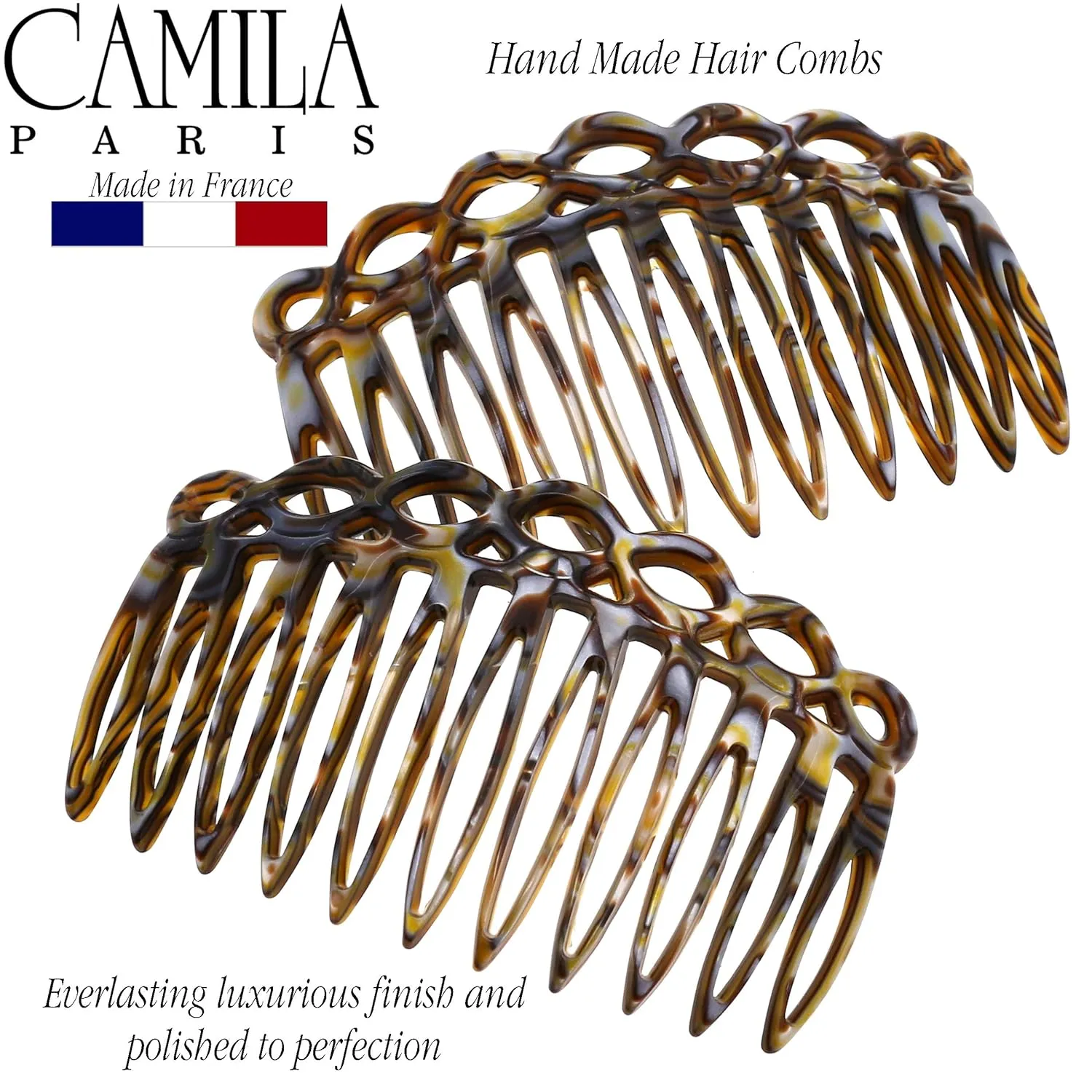 Camila Paris CP3141 French Hair Side Comb Small Handmade Onyx French Twist Hair Combs Decorative, Strong Hold Hair Clips for Women Bun Chignon Up-Do Styling Girls Hair Accessories, Made in France