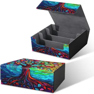 Card Deck Box for MTG, Cards Storage Box Fits 120  Sleeved, Leather Big Size Strong Magnetic Closing Case for Board Games Magic TCG CCG Baseball Collection Women Man, Colorful Tree