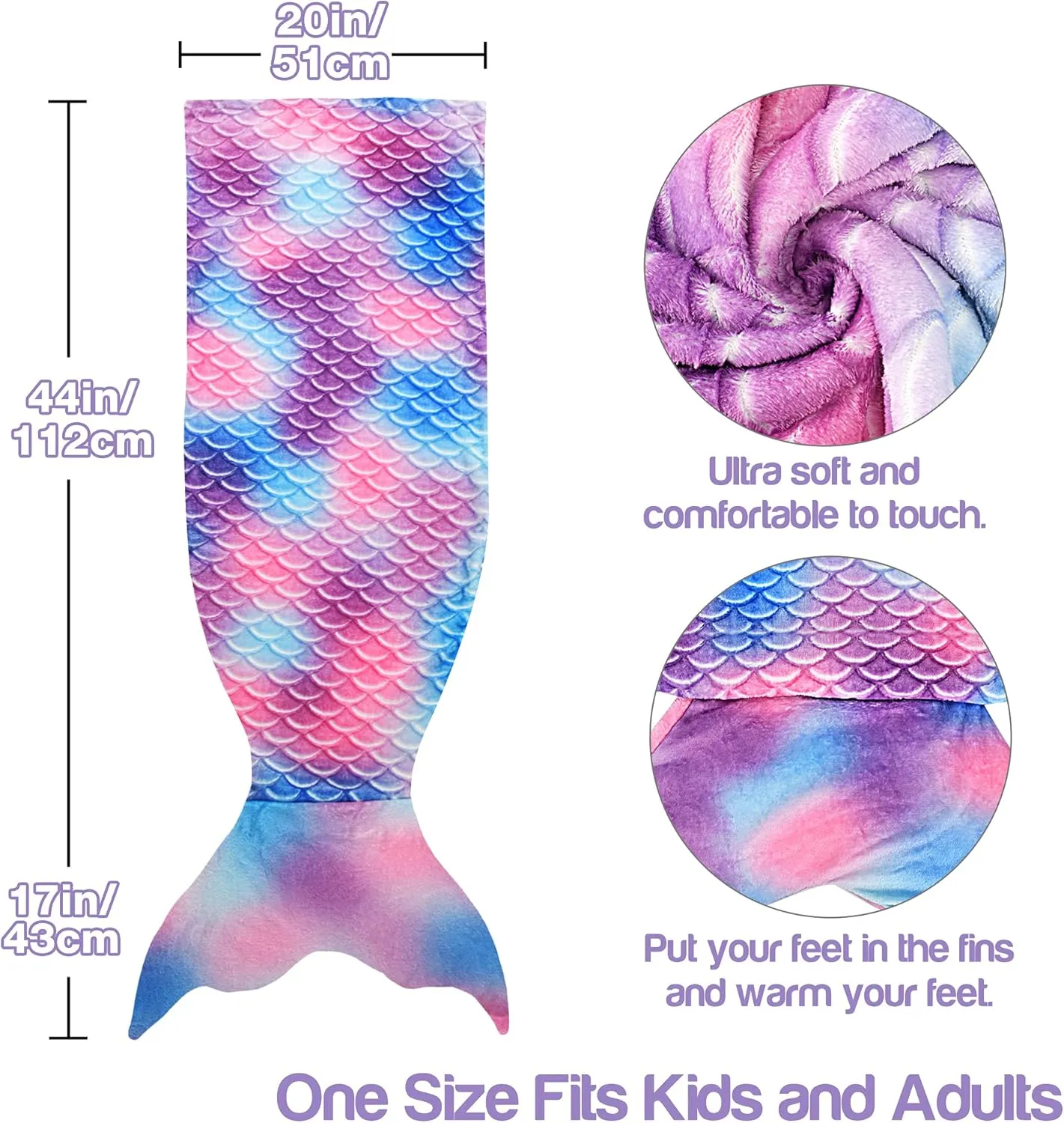 Catalonia Kids Mermaid Tail Blanket, Super Soft Plush Flannel Sleeping Snuggle Blanket for Girls, Rainbow Tie-dye, Fish Scale Pattern, Gift Idea