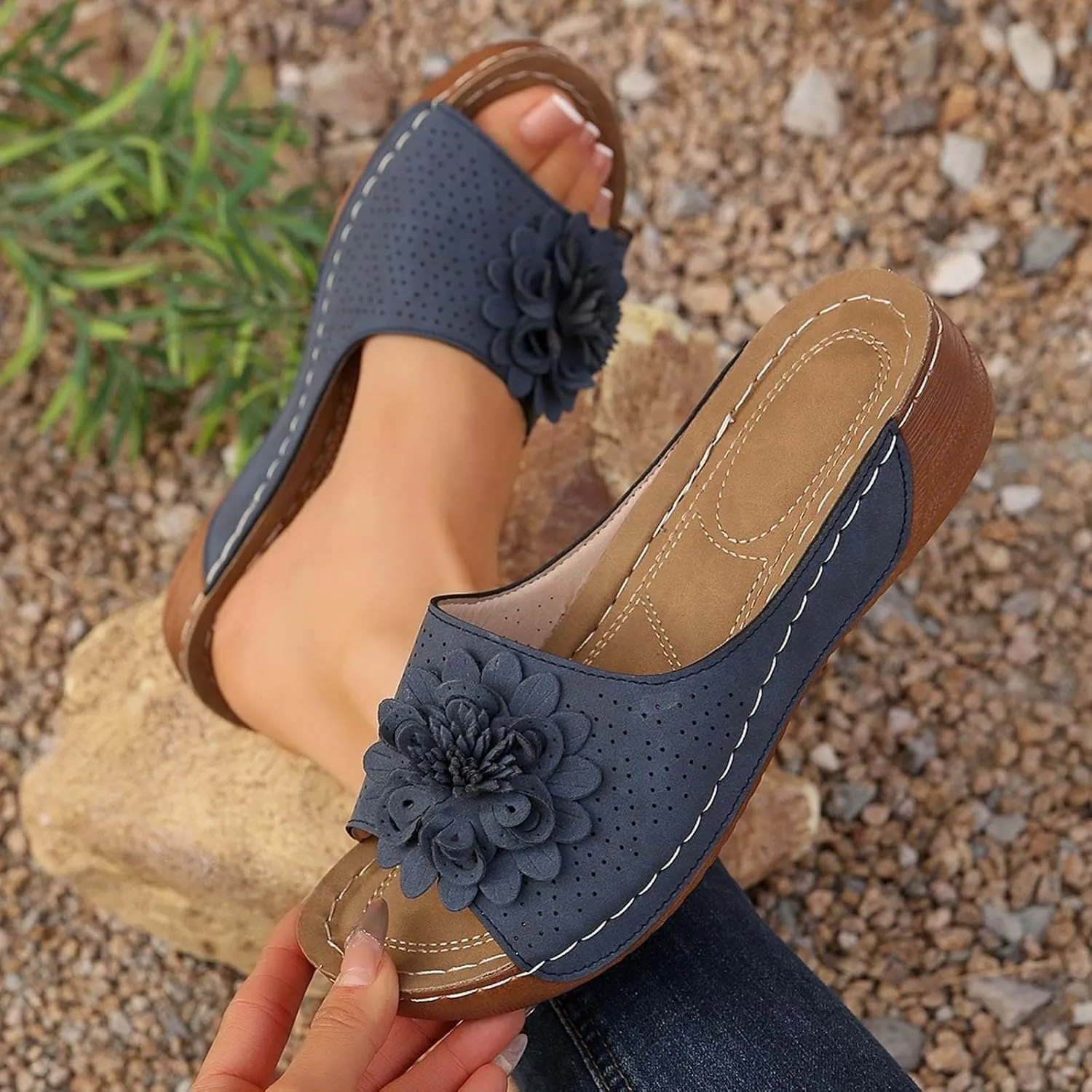 Chic Flowers Orthopedic Sandals for Women Arch Support Fish Mouth Open Toe Leather Slippers Wedge Platform Sandal