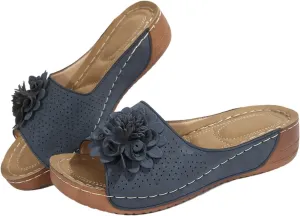 Chic Flowers Orthopedic Sandals for Women Arch Support Fish Mouth Open Toe Leather Slippers Wedge Platform Sandal