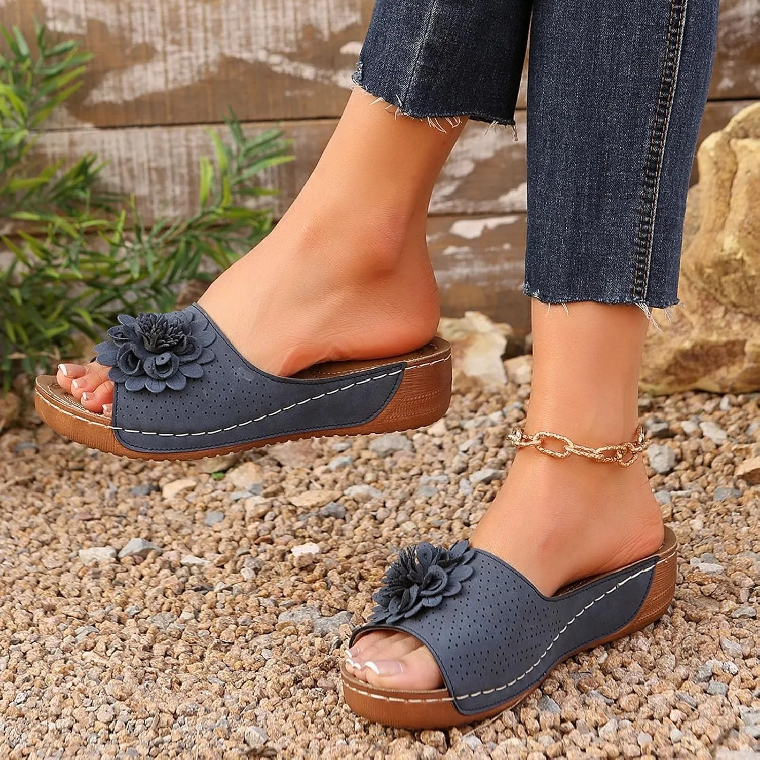 Chic Flowers Orthopedic Sandals for Women Arch Support Fish Mouth Open Toe Leather Slippers Wedge Platform Sandal