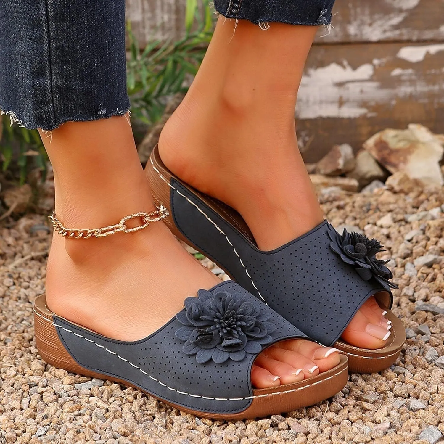 Chic Flowers Orthopedic Sandals for Women Arch Support Fish Mouth Open Toe Leather Slippers Wedge Platform Sandal