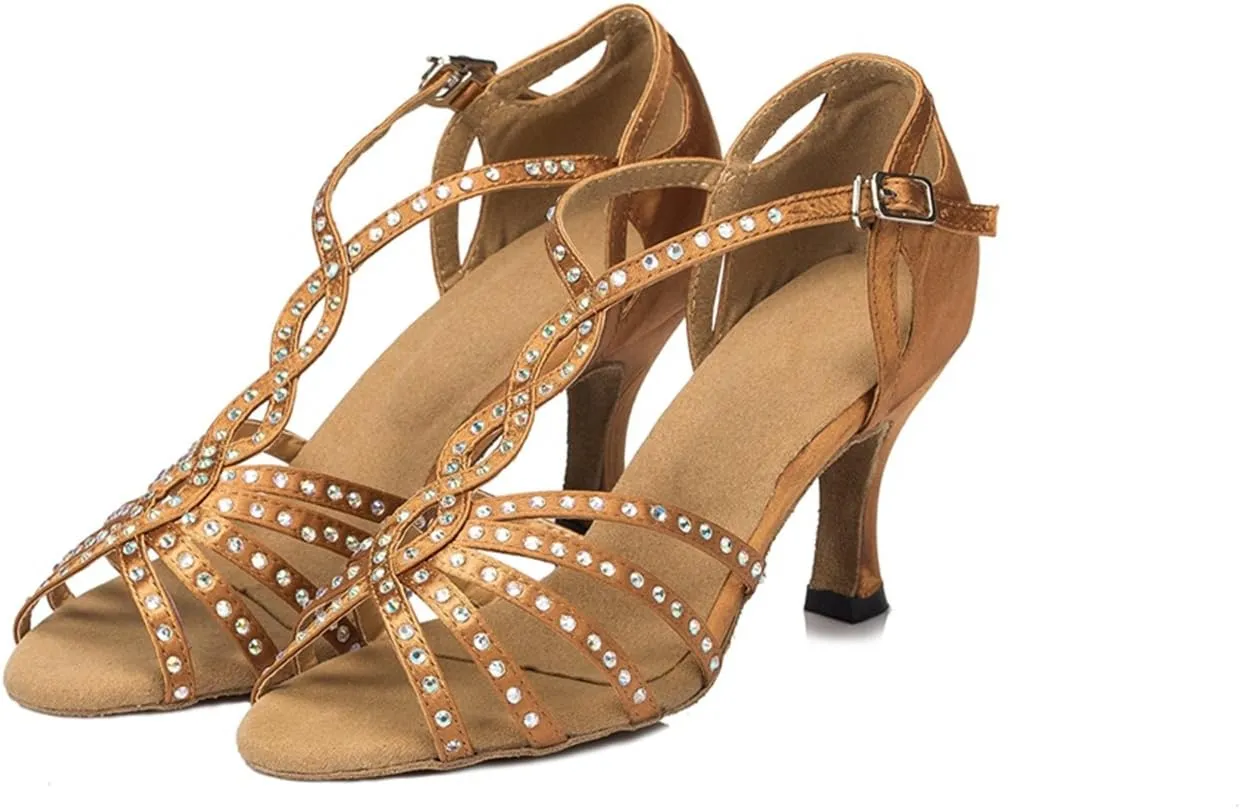 Comfortable Dancing Heels for Women Satin Party Wedding Sandals with Rhinestone
