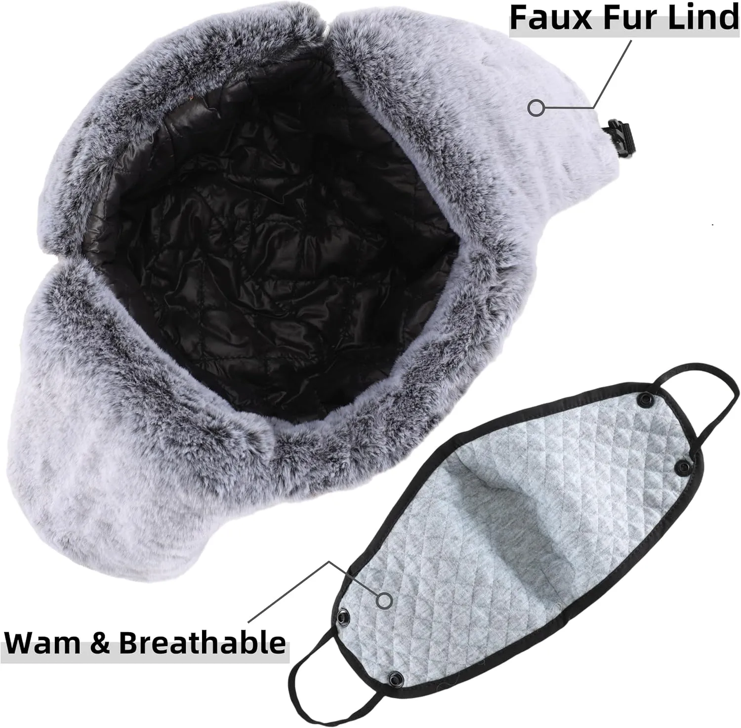 Connectyle Trapper Hat for Men Women Faux Fur Lined Winter Hat with Face Mask Water Repellent Cold Weater Outdoor Hat