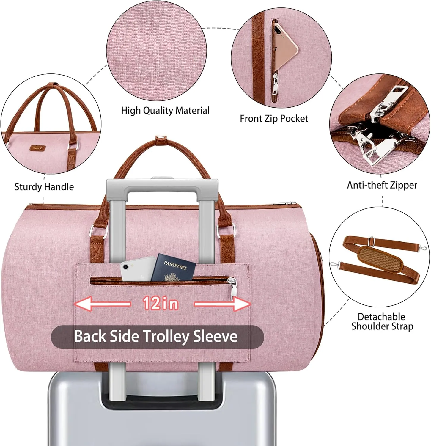 Convertible Garment Duffle Bags for Travel - Carry On Garment Bags With Toiletry Bag, Large Weekender Bags for Women Men 2 in 1 Hanging Suitcase Suit Travel Duffel Bags (Pink)