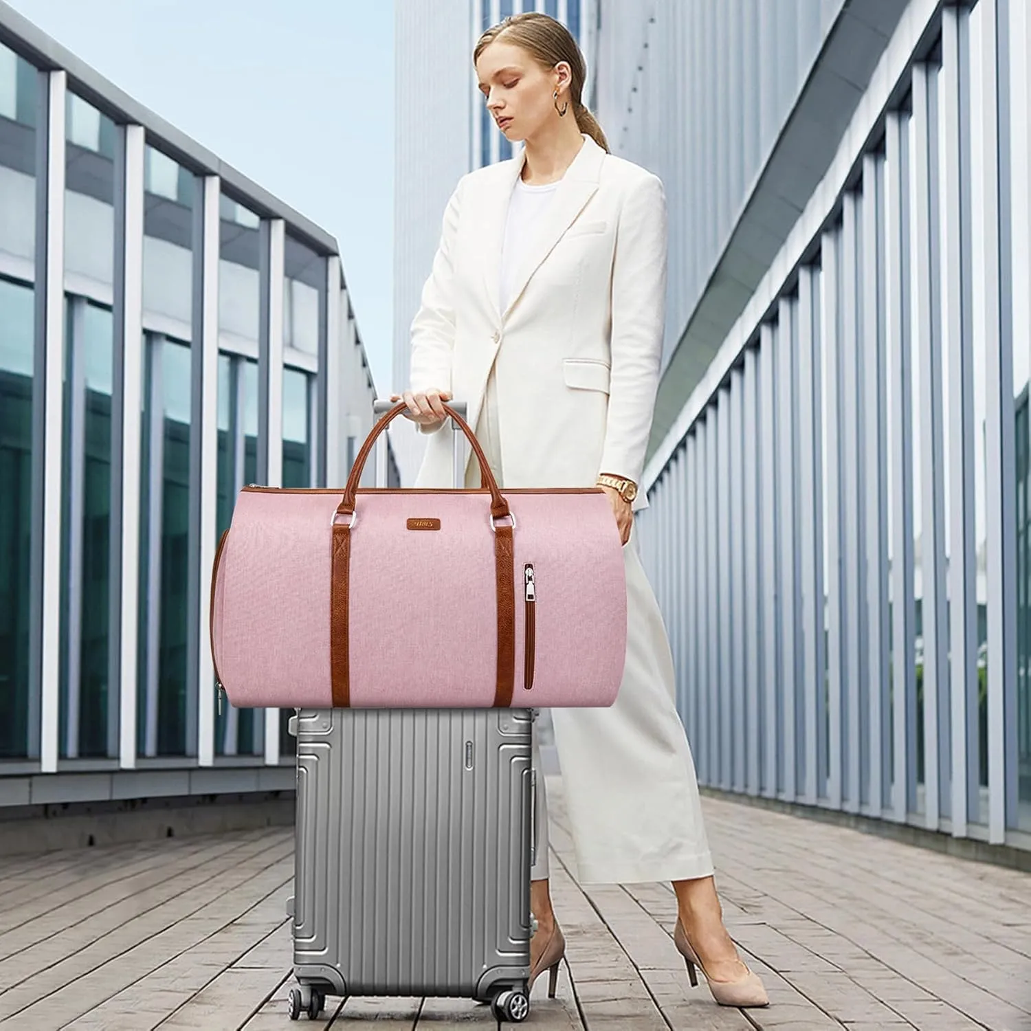 Convertible Garment Duffle Bags for Travel - Carry On Garment Bags With Toiletry Bag, Large Weekender Bags for Women Men 2 in 1 Hanging Suitcase Suit Travel Duffel Bags (Pink)
