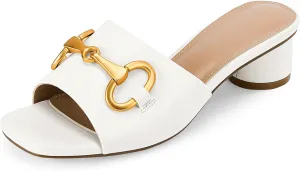 Coutgo Women's Slide Sandals Square Open Toe Slip on Comfortable Mules Block Low Heel Metal Chain Dressy Shoes