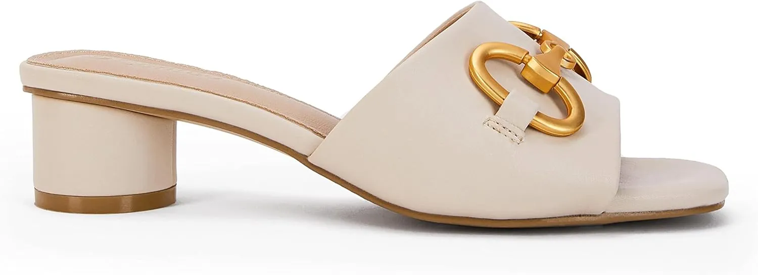 Coutgo Women's Slide Sandals Square Open Toe Slip on Comfortable Mules Block Low Heel Metal Chain Dressy Shoes