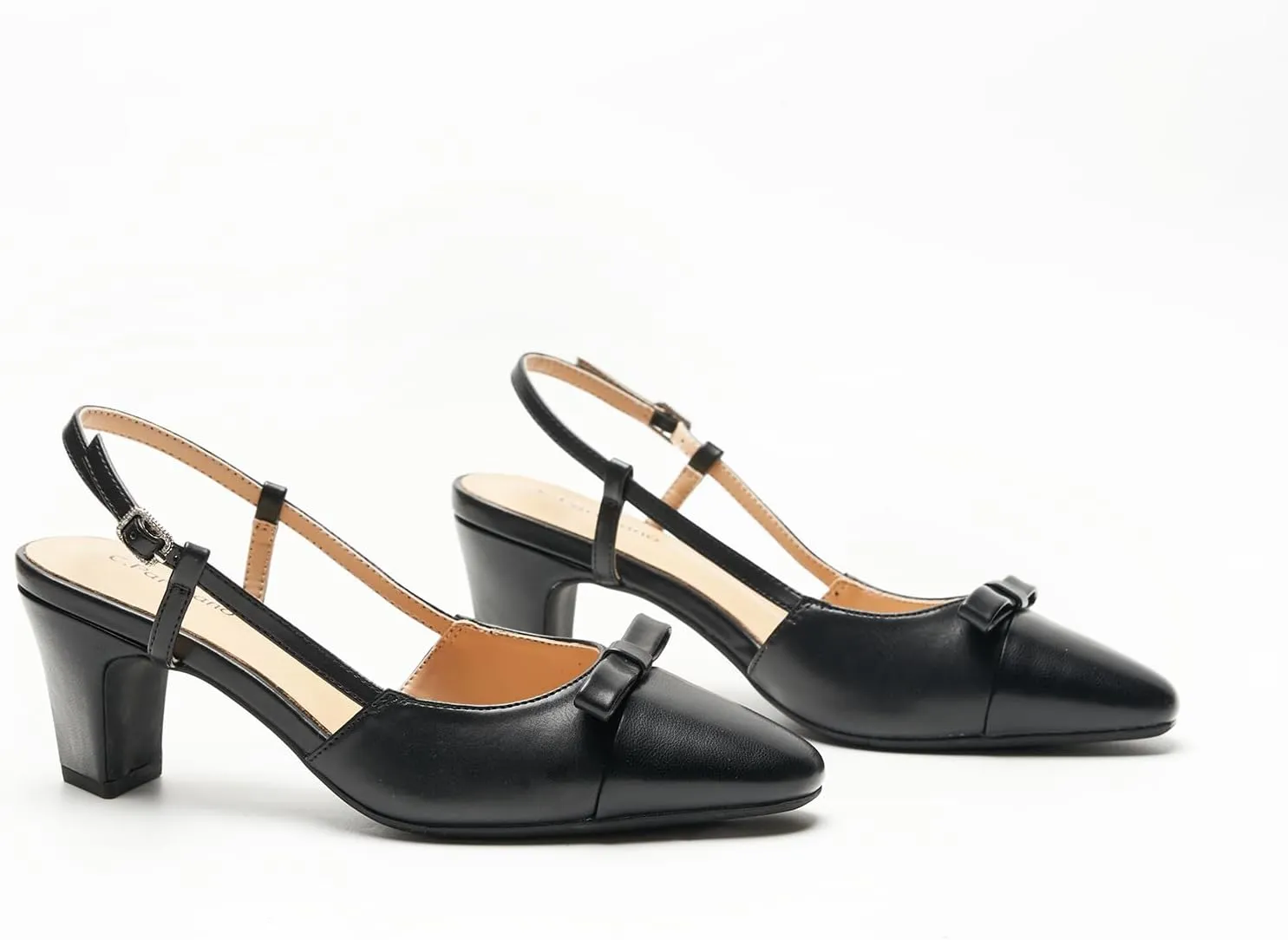 C.Paravano Women's Slingback Low Chunky Heels Round Toe Block Heel Pumps Splicing Bowknot Slip On Fashion Party Dress Shoes