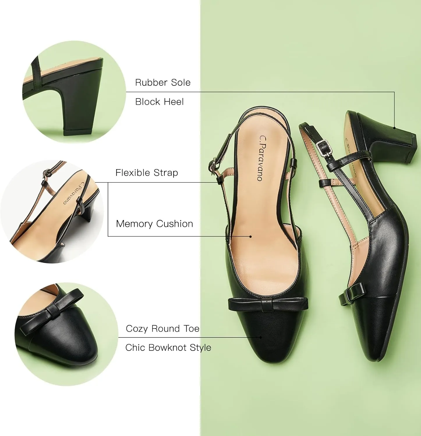 C.Paravano Women's Slingback Low Chunky Heels Round Toe Block Heel Pumps Splicing Bowknot Slip On Fashion Party Dress Shoes
