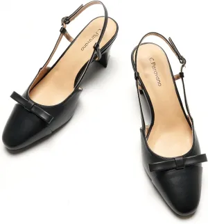C.Paravano Women's Slingback Low Chunky Heels Round Toe Block Heel Pumps Splicing Bowknot Slip On Fashion Party Dress Shoes