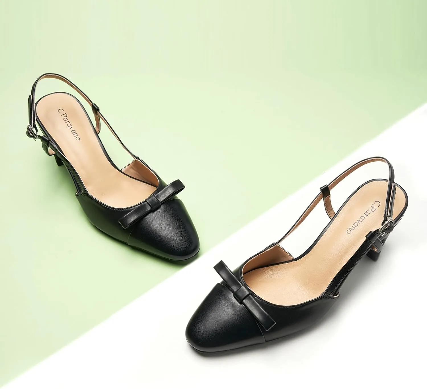 C.Paravano Women's Slingback Low Chunky Heels Round Toe Block Heel Pumps Splicing Bowknot Slip On Fashion Party Dress Shoes