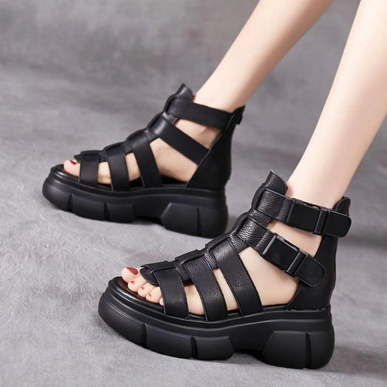 Crepuscute Women's Platform Wedge High Top Gladiator Sandal Adjustable Zipper with Buckle open toe Caged Roman Sandals Breathable Round Toe Casual Wedge Heel Dress Shoes